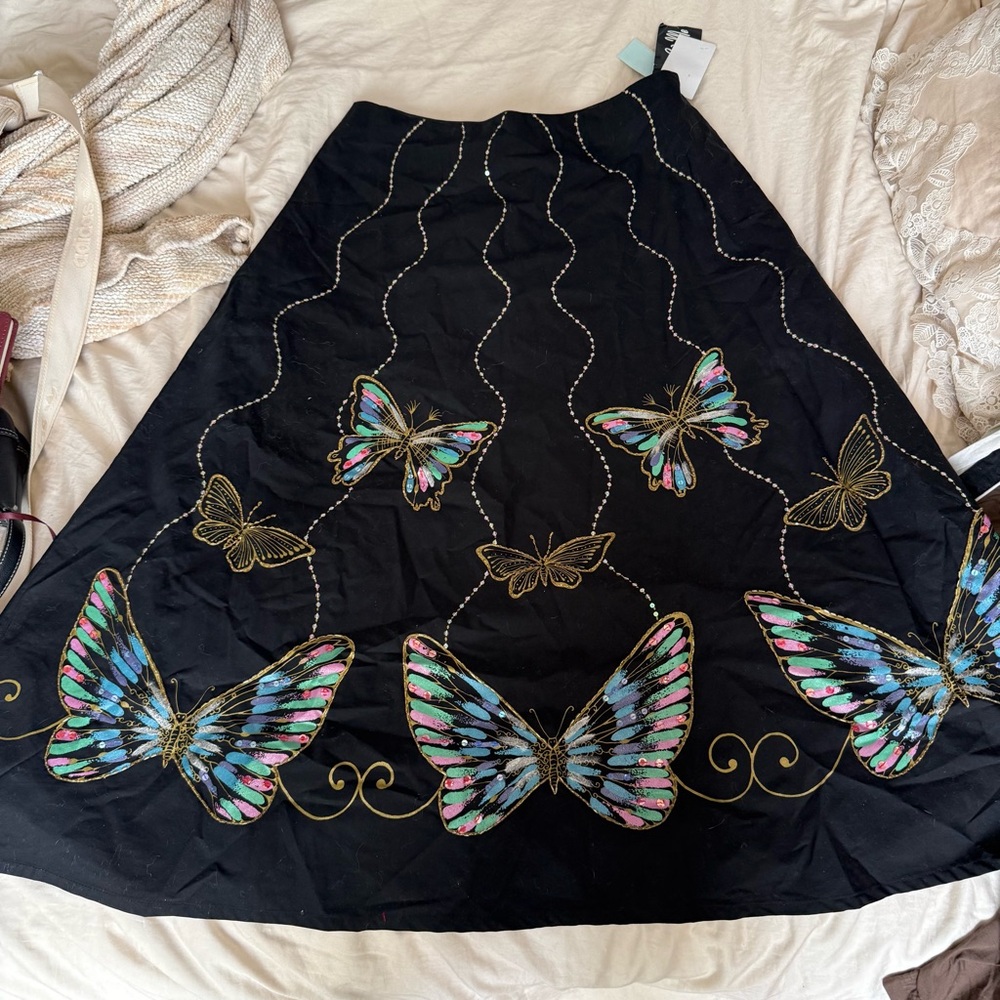 Gracie & Me Butterfly Embroidered Black Skirt